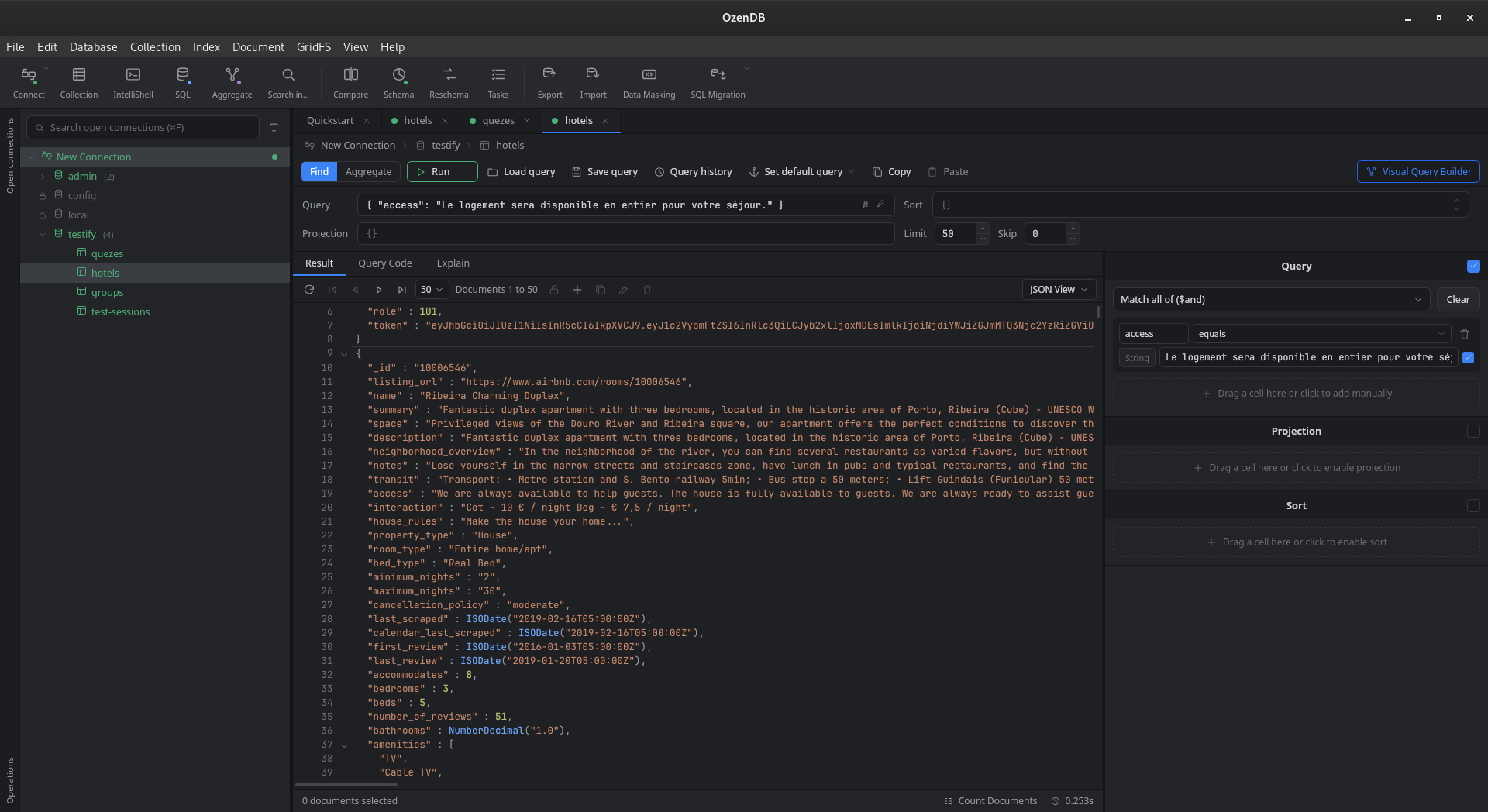 OzenDB querying a MongoDB collection with the visual query builder open